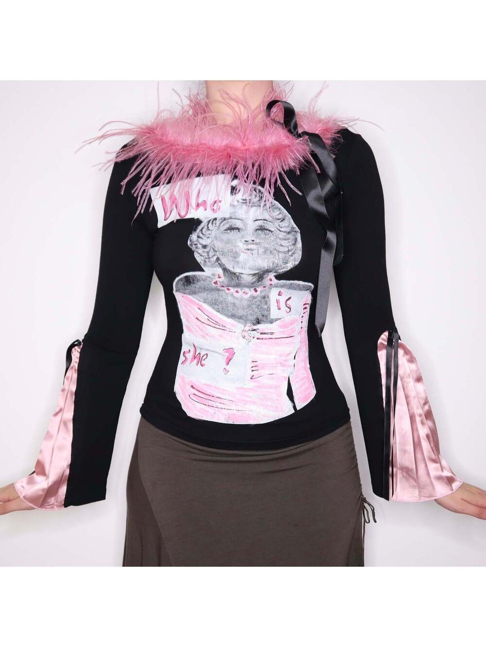 Y2K French Black and Pink Feather Trim Top (S/M)